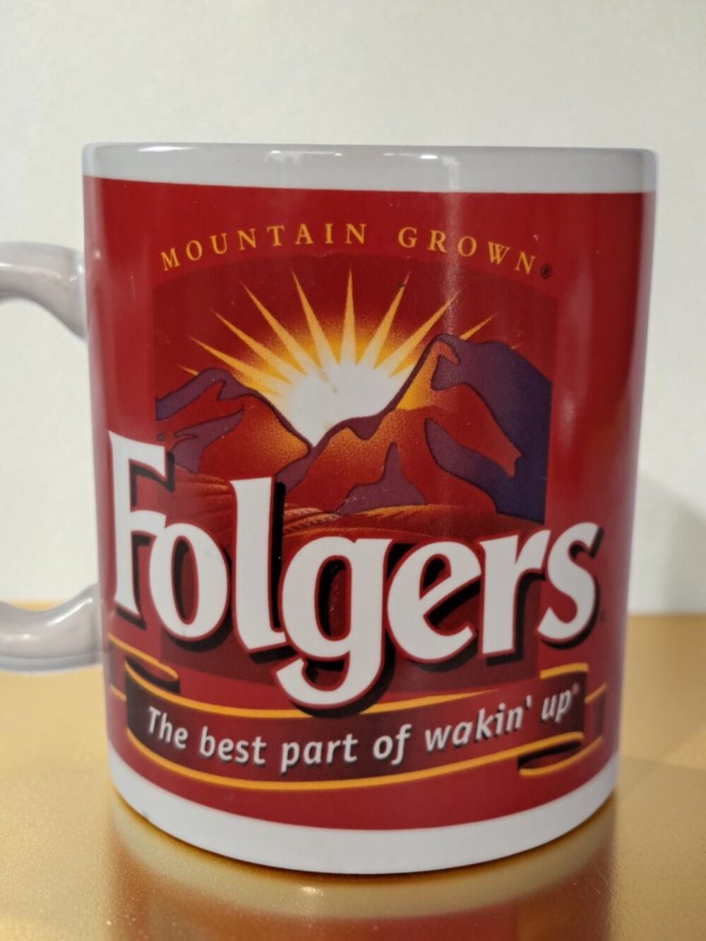 Vintage Folgers Coffee Mug Houston Harvest Mountain Grown Sun Over Mountains Red - Picture 3 of 11